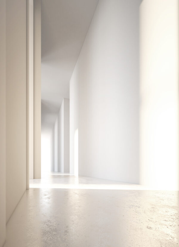 Corridor painted white in commercial building.